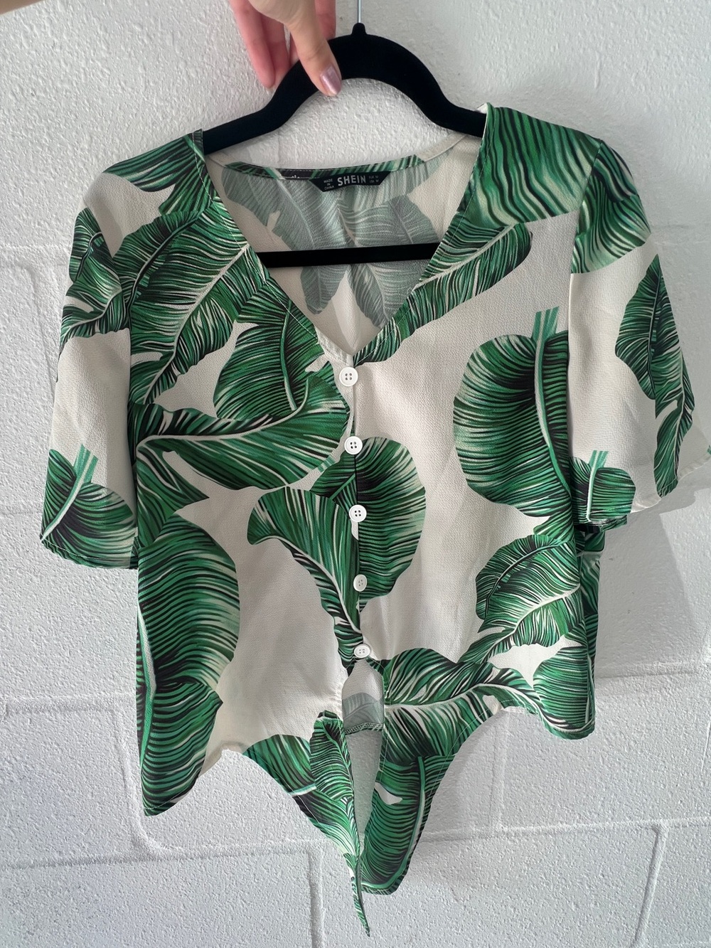 Green Tropical Leaf Button-Front Blouse